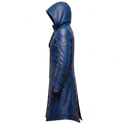 Side view of tactical blue leather hooded trench coat