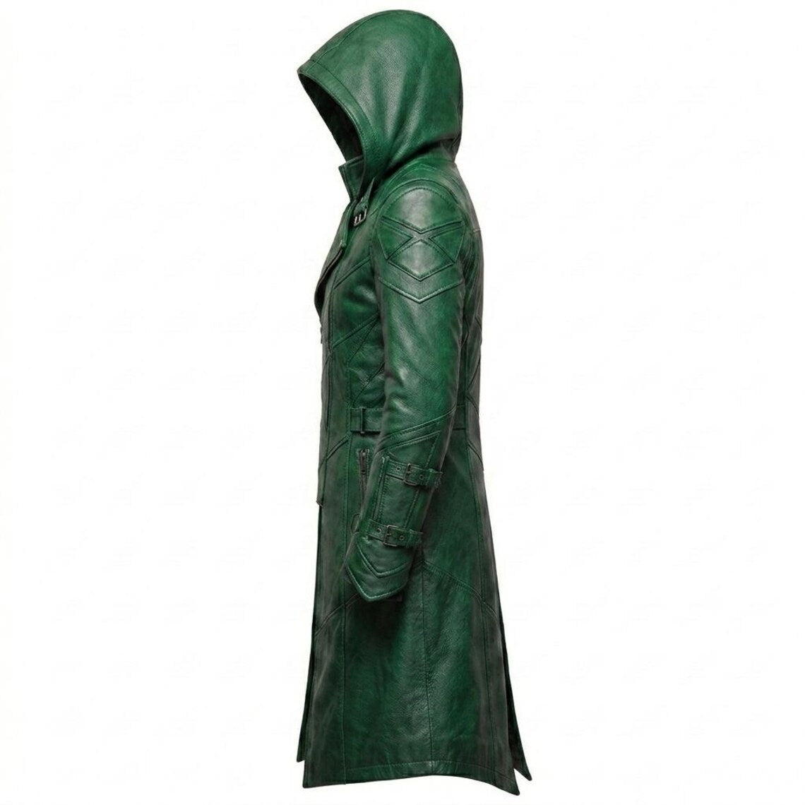  Side profile of tactical green leather trench coat with structured fit