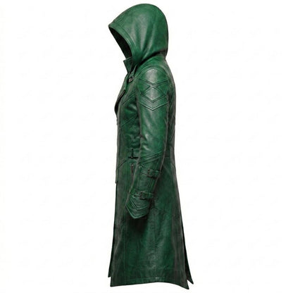  Side profile of tactical green leather trench coat with structured fit