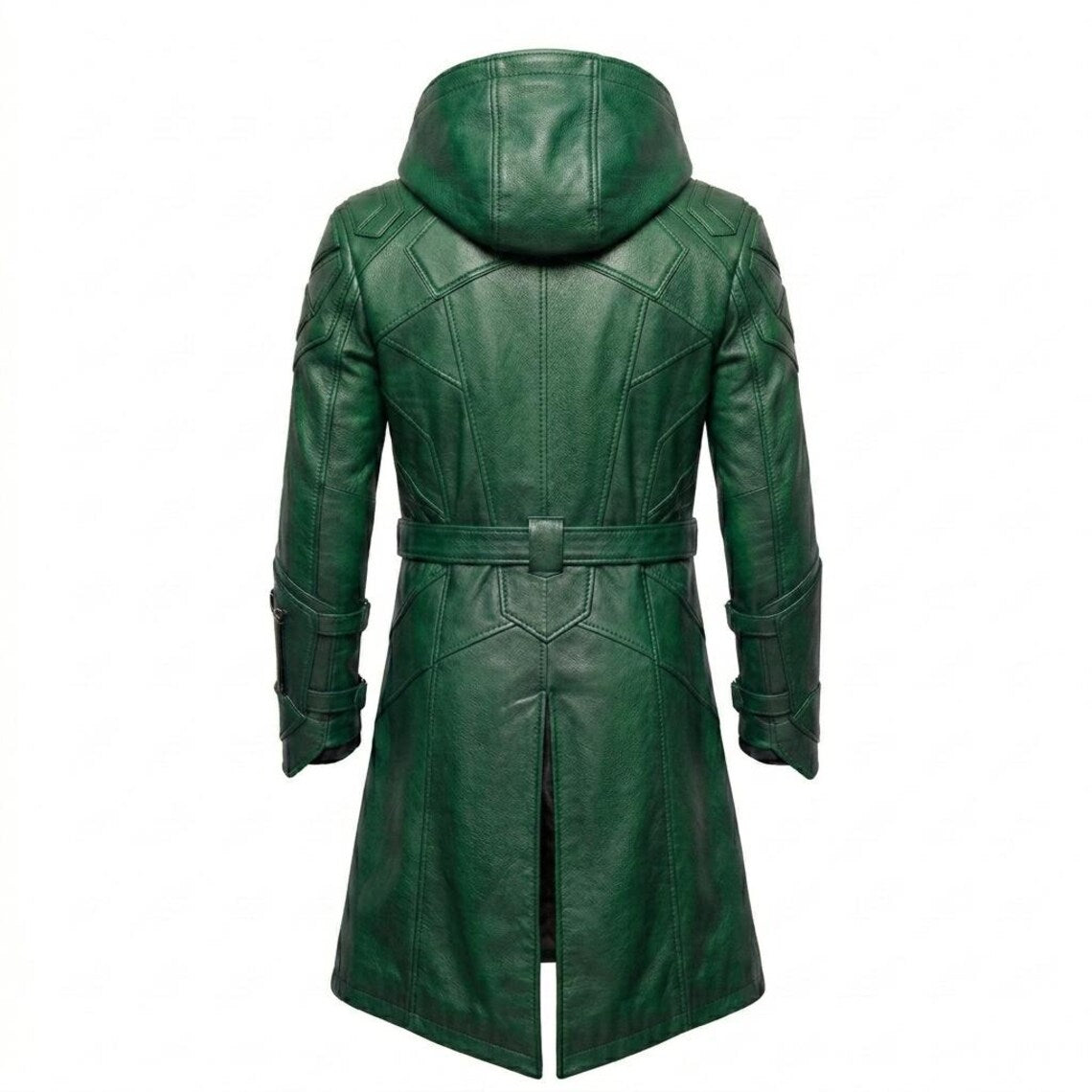 Back view of mens green leather hooded trench coat