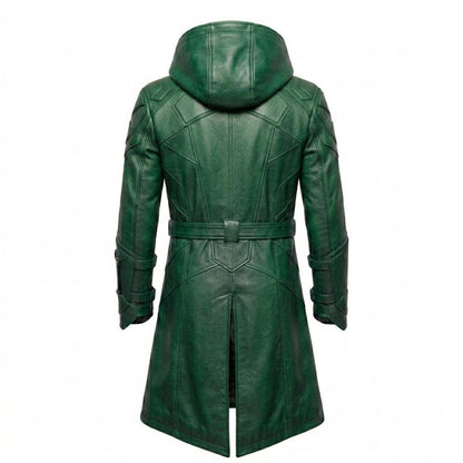 Back view of mens green leather hooded trench coat
