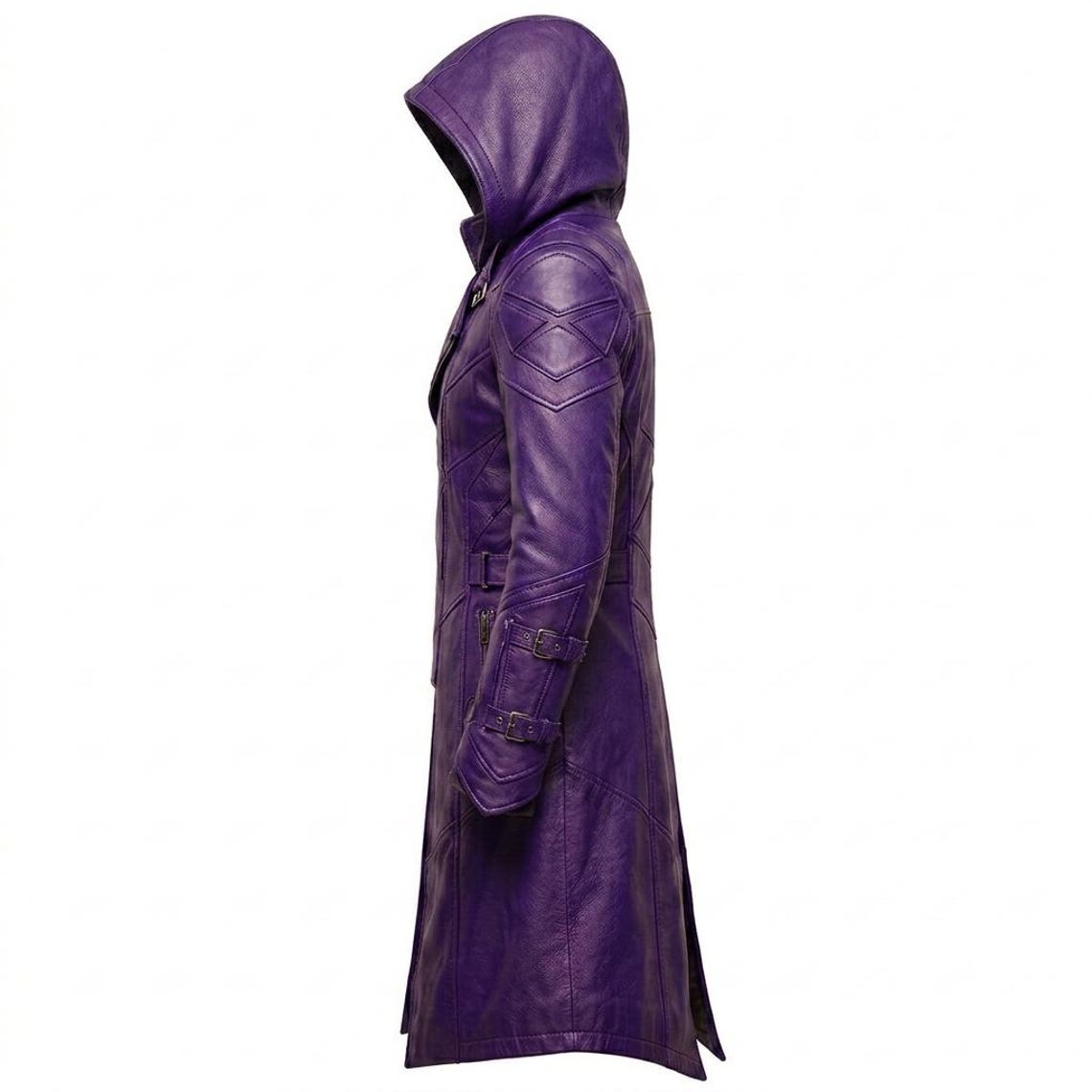 Side profile of gothic purple leather trench coat