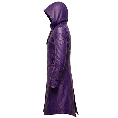 Side profile of gothic purple leather trench coat