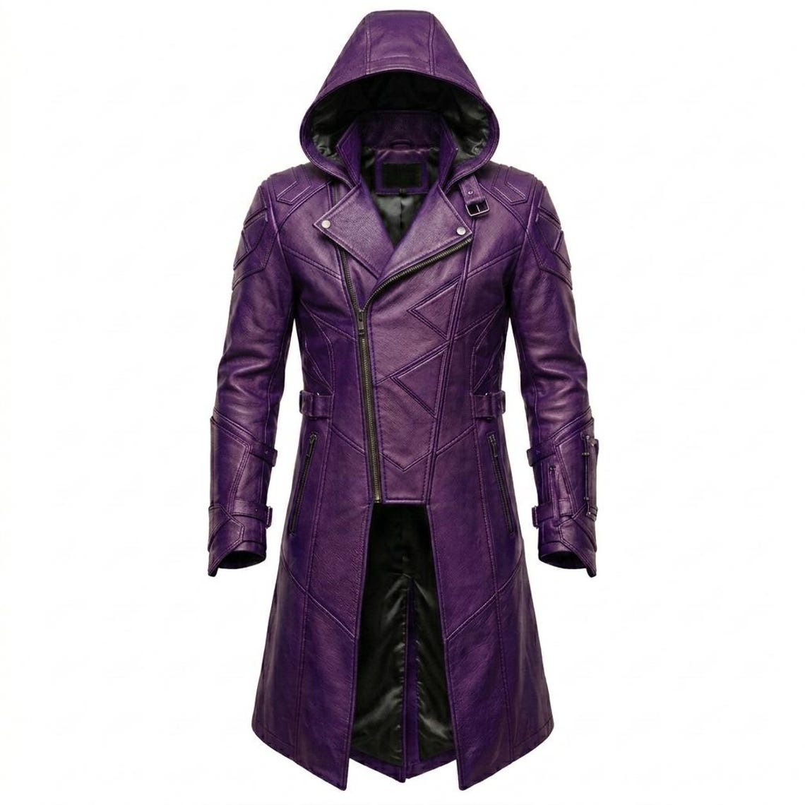 Front view of purple leather hooded trench coat in gothic biker style