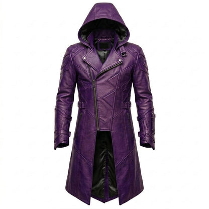 Front view of purple leather hooded trench coat in gothic biker style