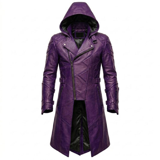 Front view of purple leather hooded trench coat in gothic biker style