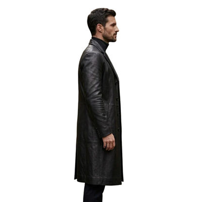 Side profile of tailored men black leather trench coat long style