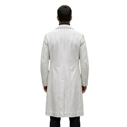 Back view of classic men white leather trench coat full length