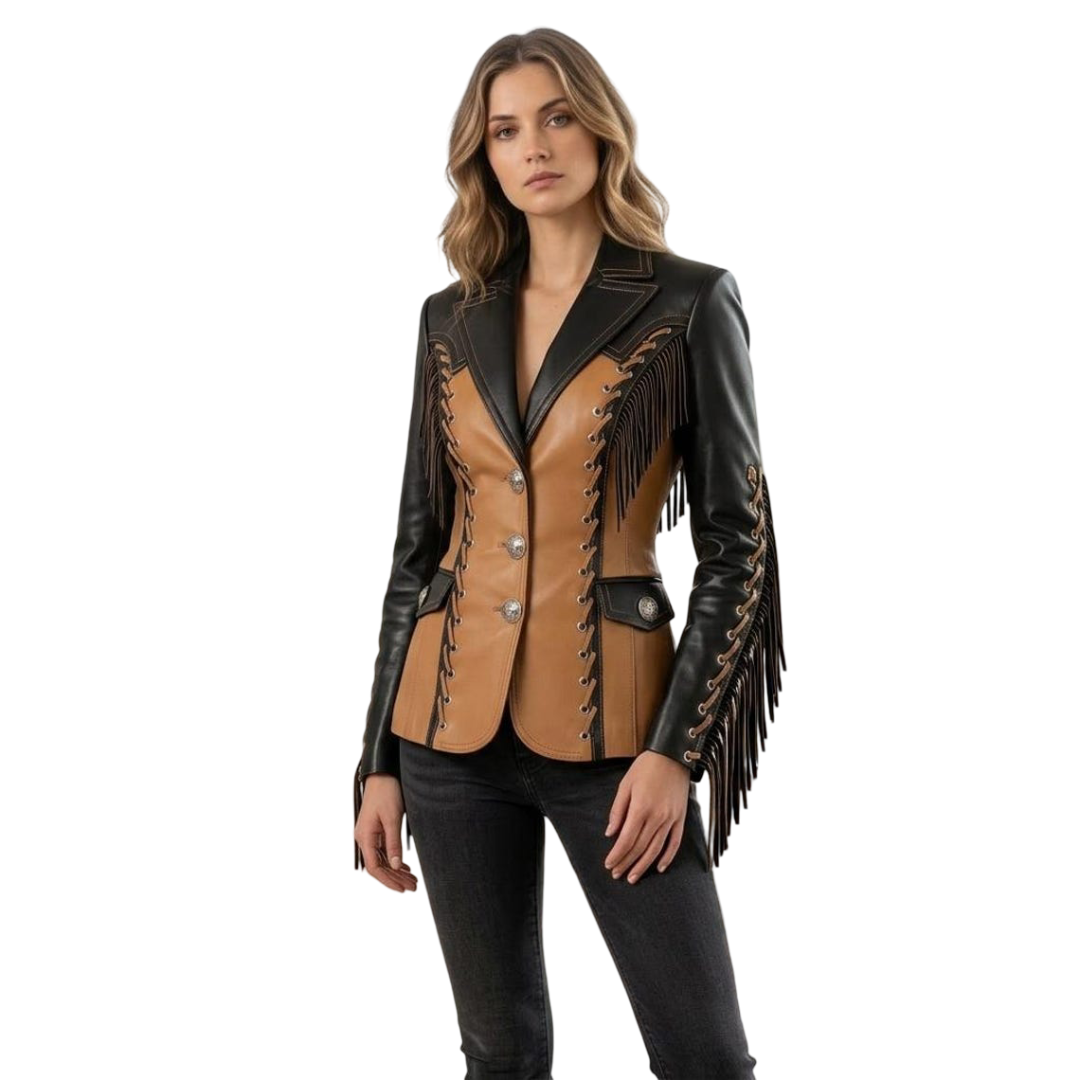 Front view of black tan fringe leather jacket women cowgirl corset blazer style