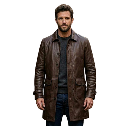 Front view of men brown leather trench coat in genuine leather