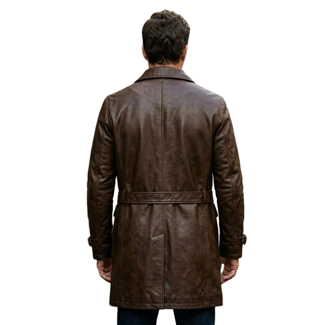 Back view of vintage men brown leather trench coat