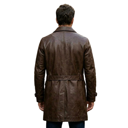 Back view of vintage men brown leather trench coat