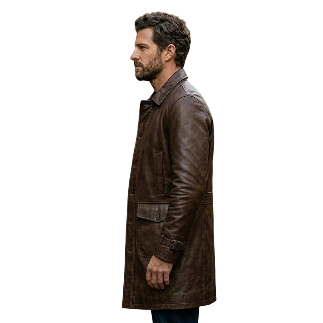 Side view of men brown leather car coat mid length