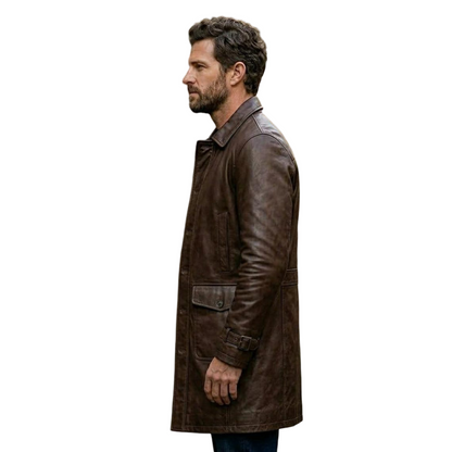 Side view of men brown leather car coat mid length