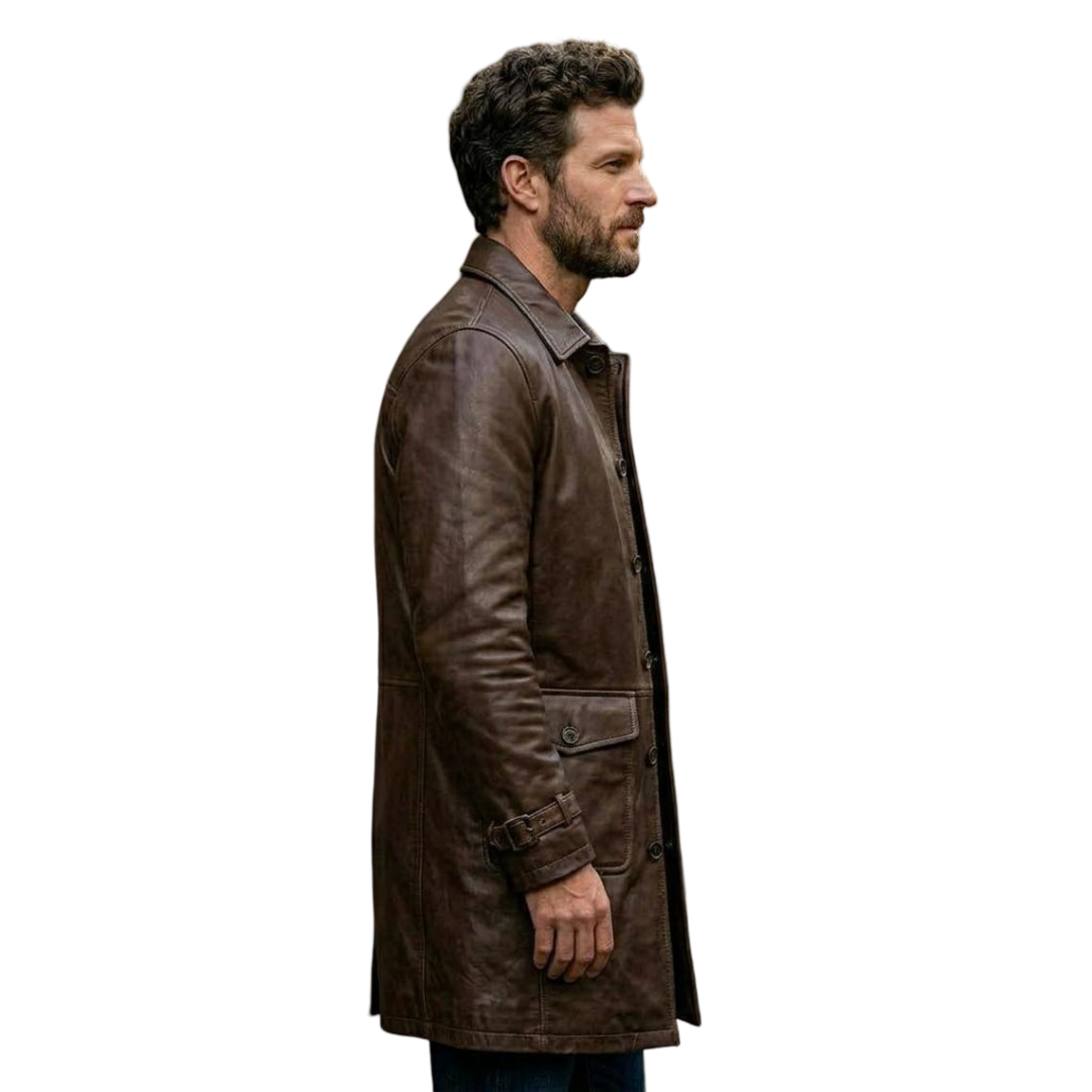 Side view of men brown leather car coat mid length