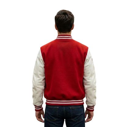 Back view of men red college style bomber jacket