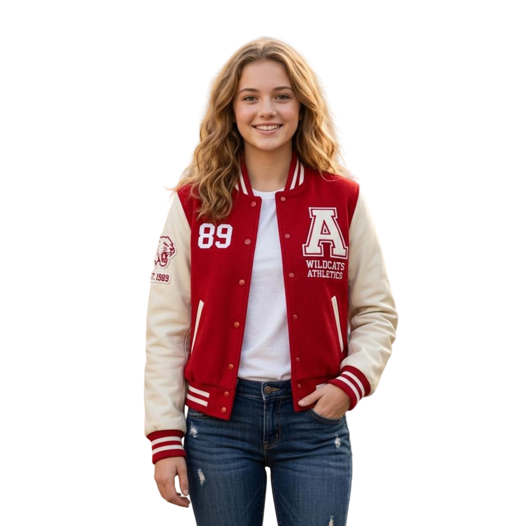 Front view of women red varsity letterman jacket with contrast sleeves