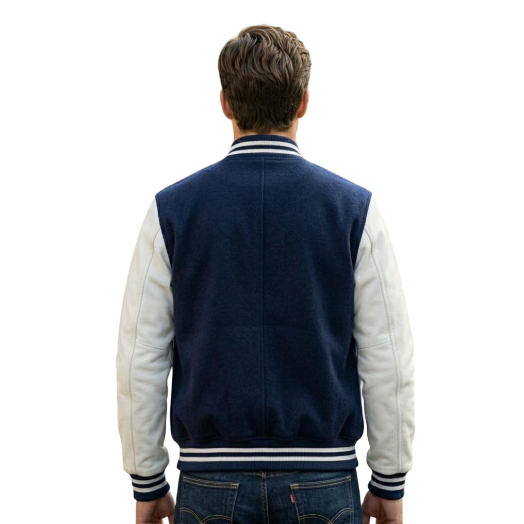 Back view of men navy blue college style bomber jacket
