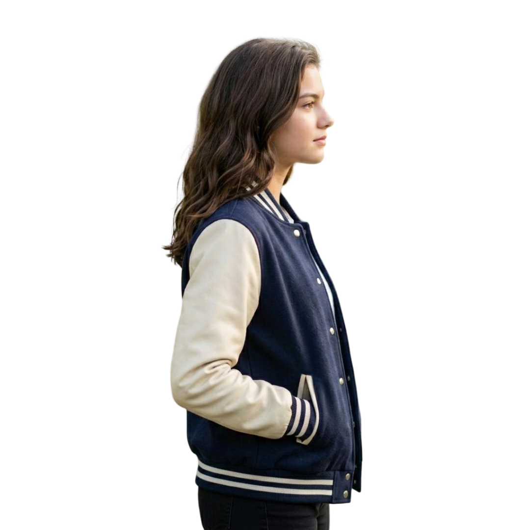 Side profile of women navy blue varsity bomber jacket