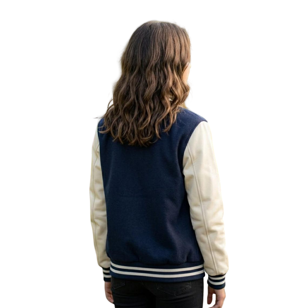 Back view of women navy blue college style bomber jacket