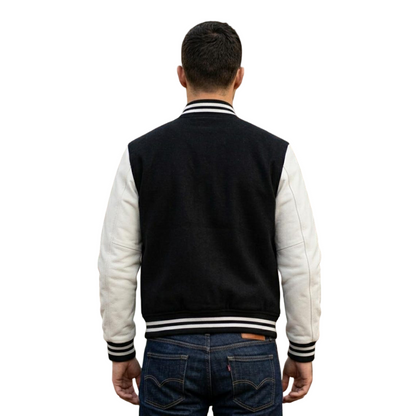 Back view of men black and white college bomber jacket