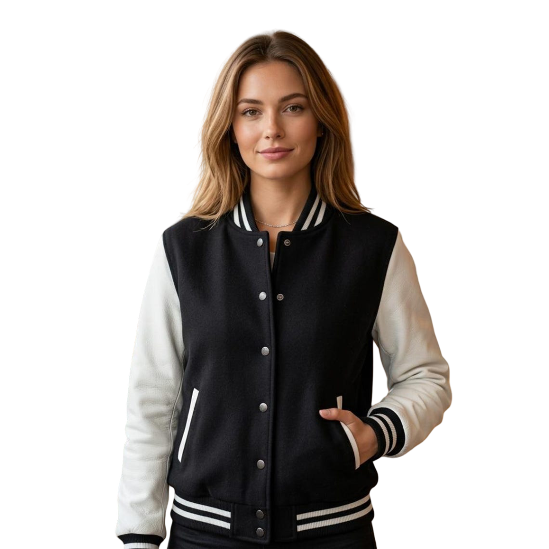 Front view of black and white varsity jacket women classic letterman style