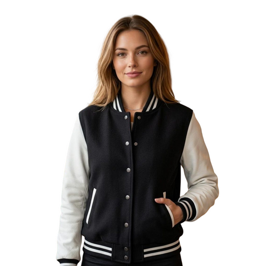 Front view of black and white varsity jacket women classic letterman style