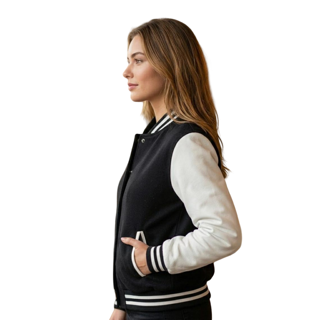 Side view of black and white college bomber jacket women