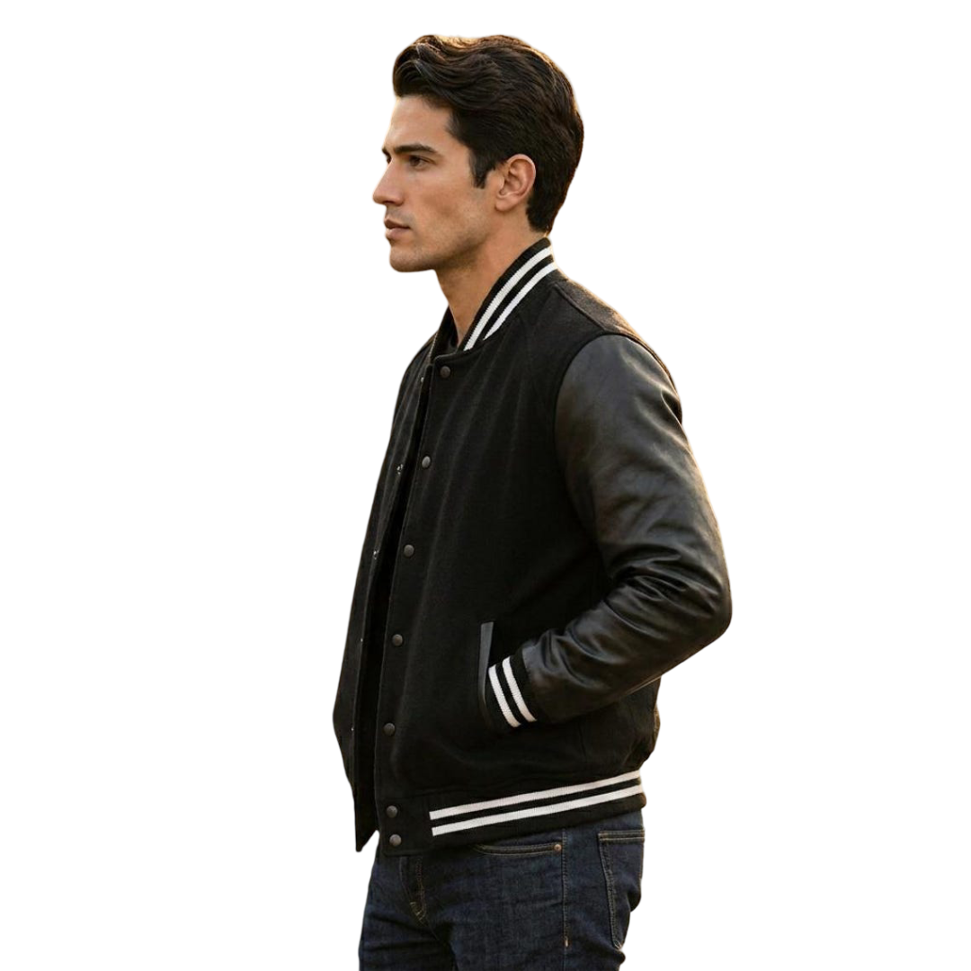 Side view of mens black bomber varsity jacket casual outerwear