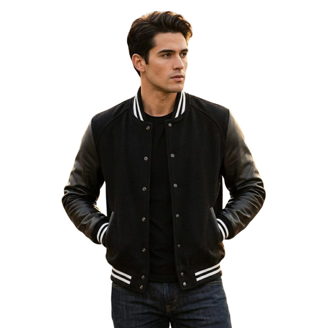 Front view of black varsity jacket men classic letterman style