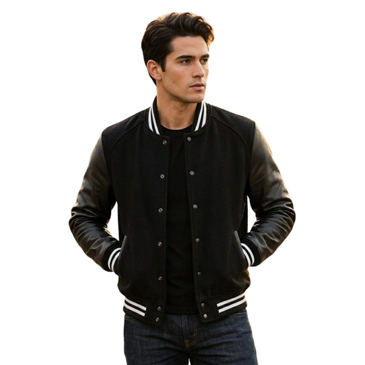 Front view of black varsity jacket men classic letterman style