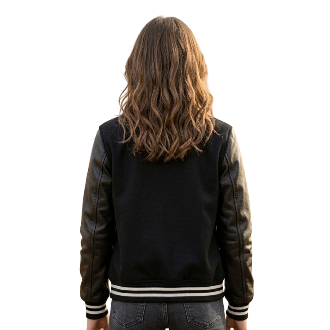 Back view of women black varsity jacket with clean minimalist design