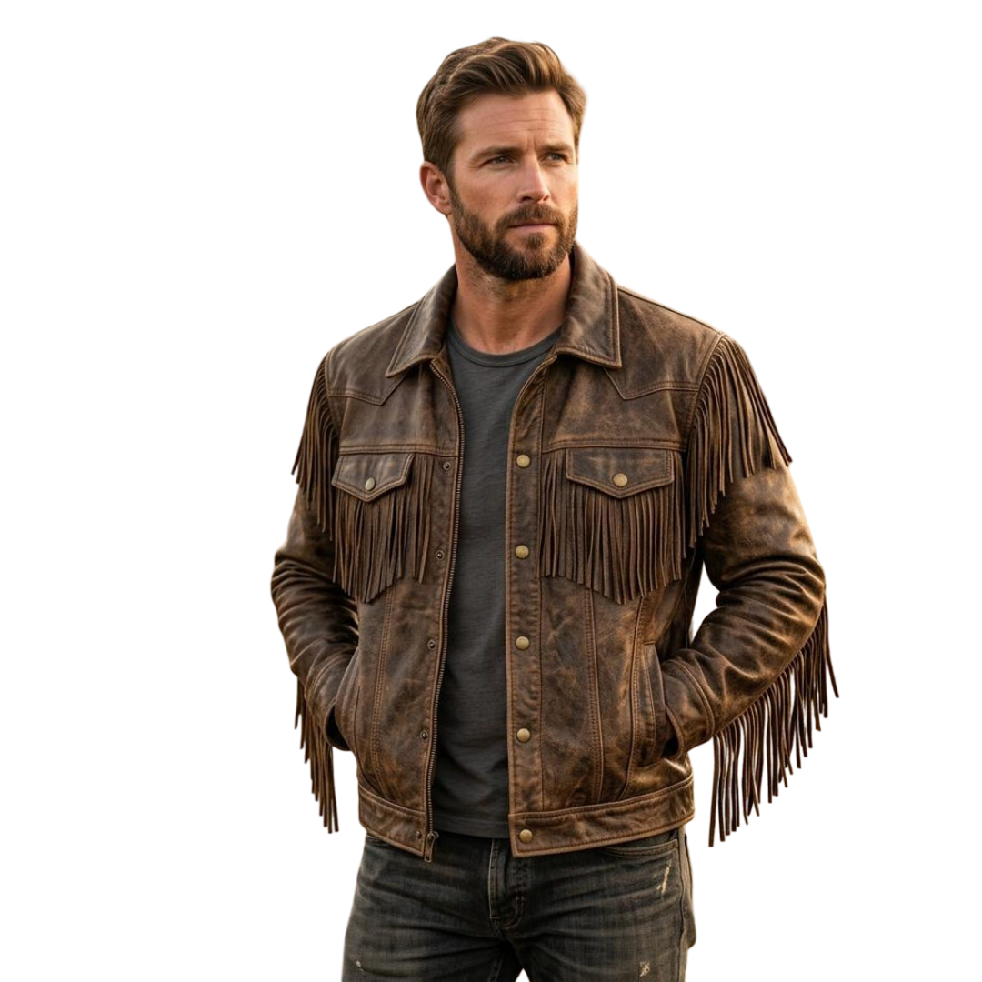 Front view of men brown leather fringe jacket western cowboy style
