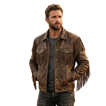 Front view of men brown leather fringe jacket western cowboy style
