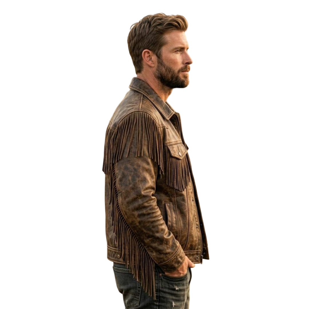 Side profile of brown leather fringe jacket for men with long fringe detail