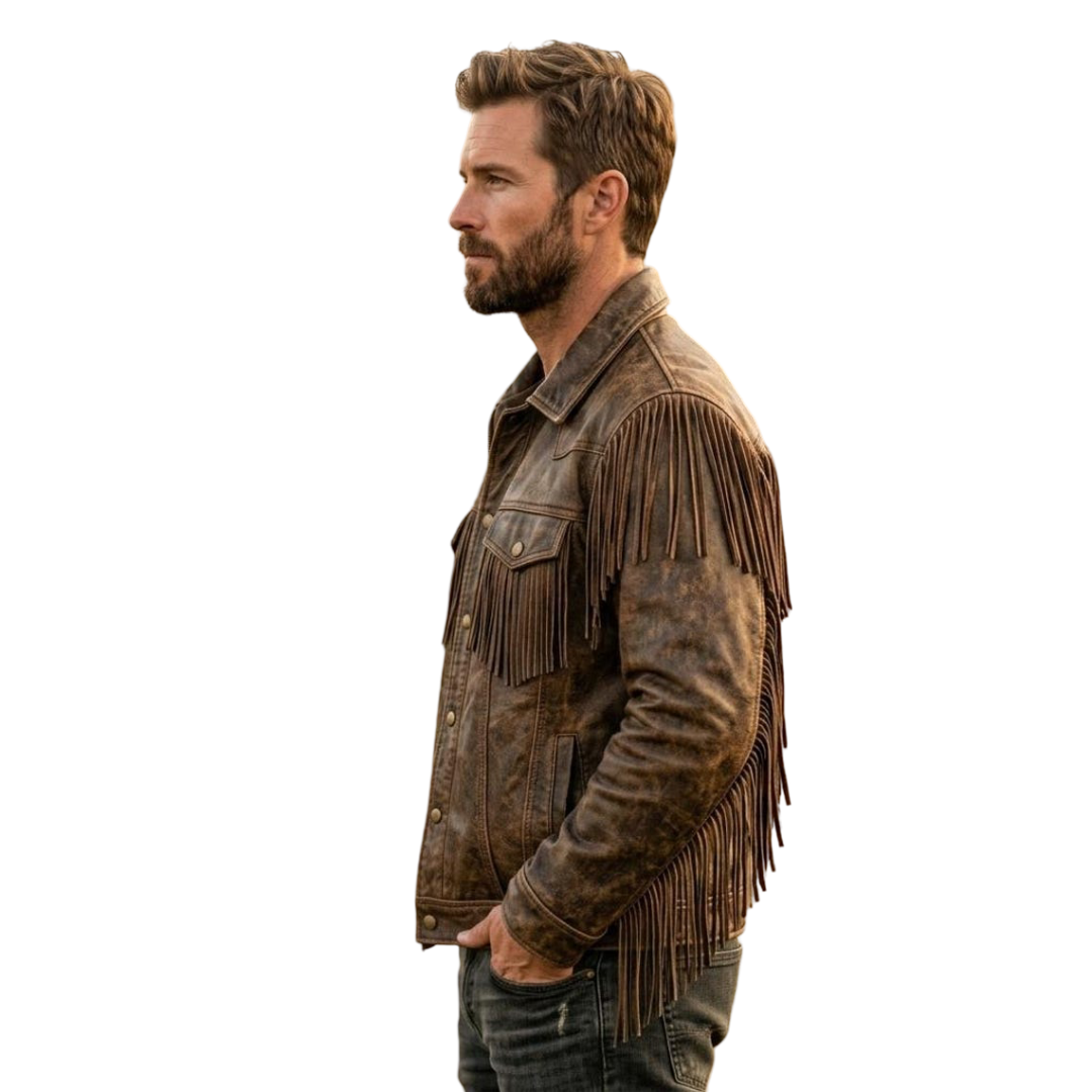 Side profile of brown leather fringe jacket for men with long fringe detail