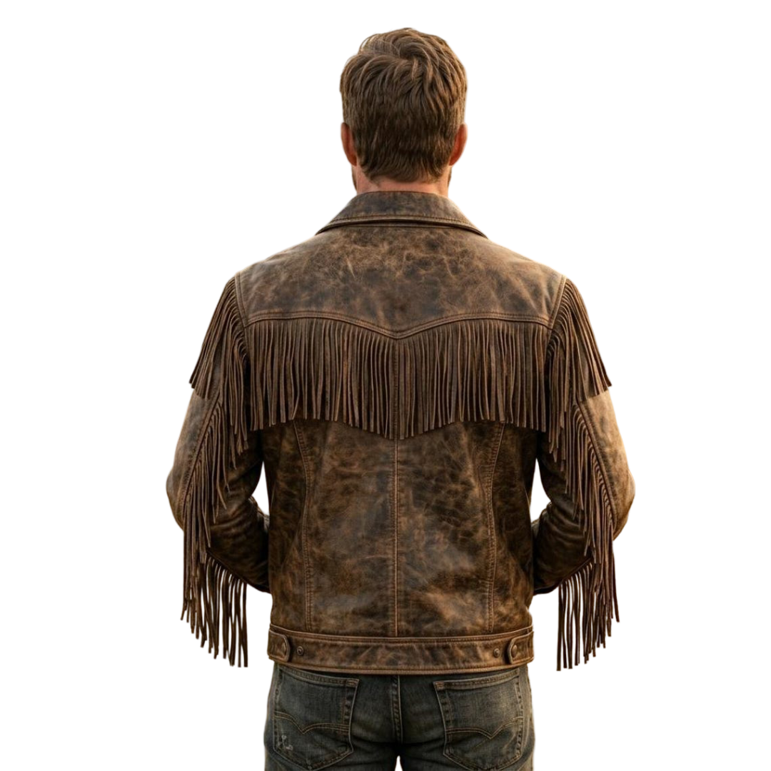 Back view of vintage brown leather fringe jacket for men