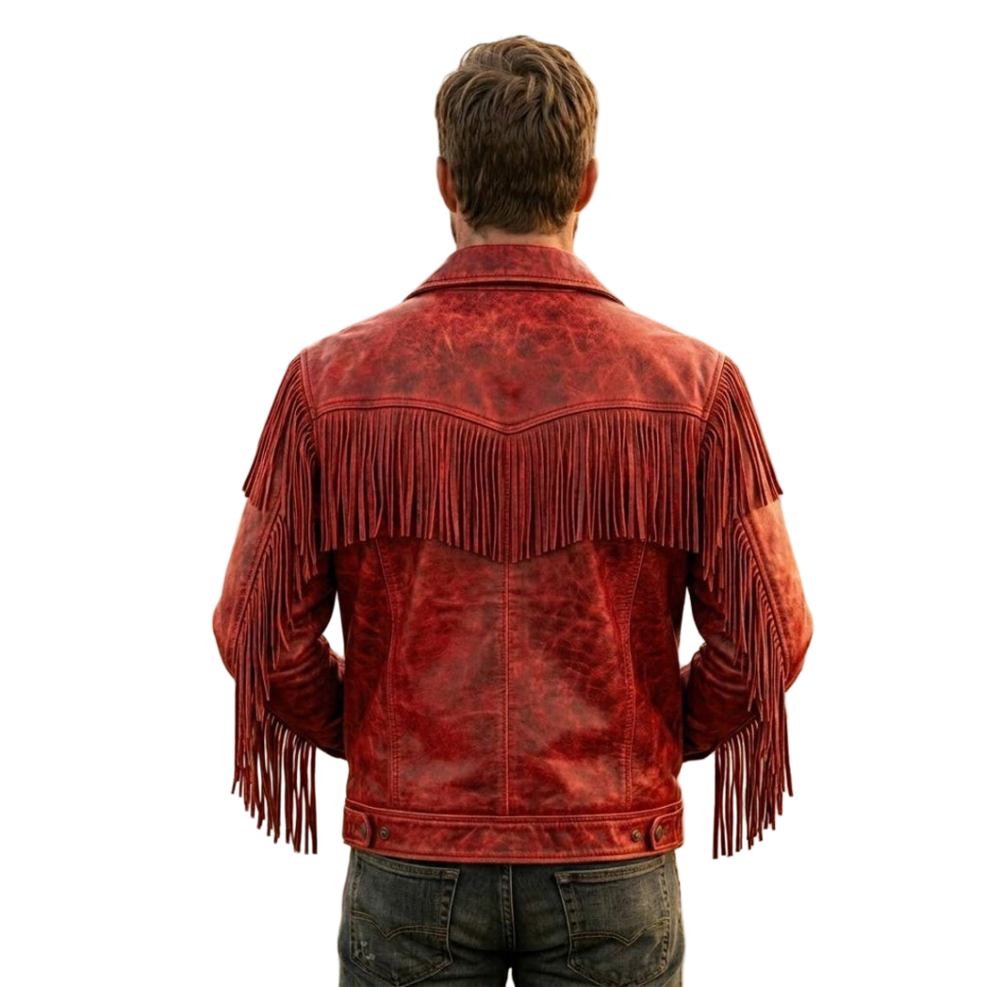 Back view of red fringe leather jacket showing full fringe design
