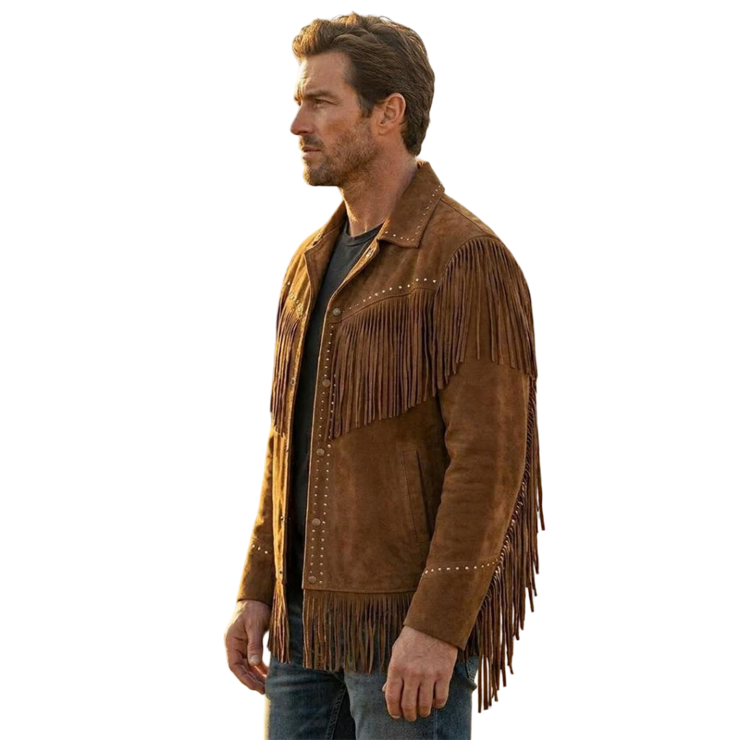 Side profile of western cowboy suede leather coat in rich brown color