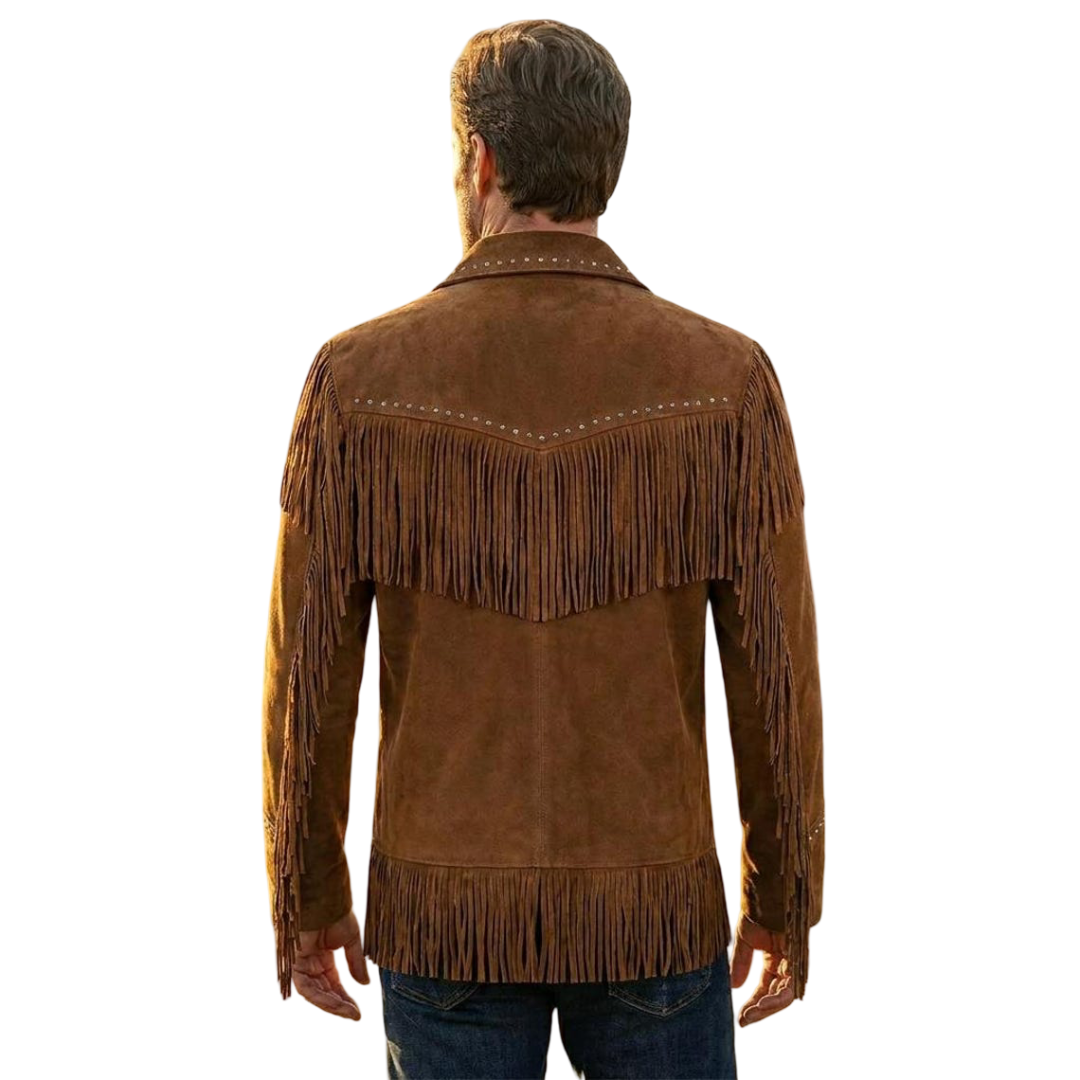 Back detail of brown suede fringe jacket showing long western fringe