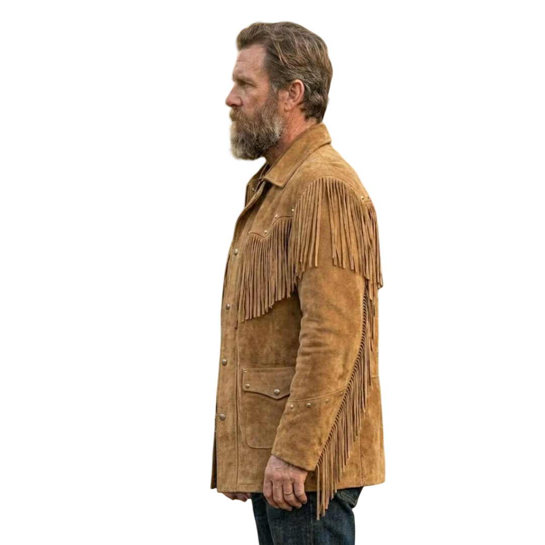 Side view of brown cowboy suede fringe jacket for men
