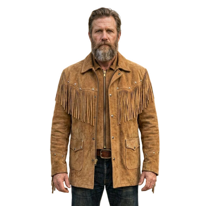 Front view of men brown suede fringe leather jacket western style