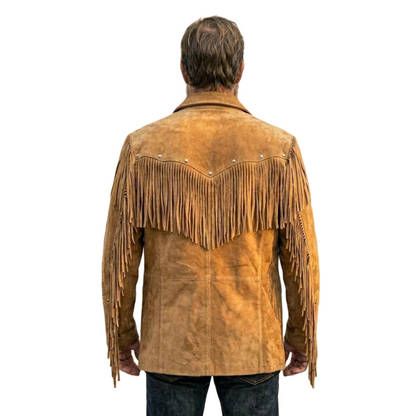 Back view of western ranch brown suede fringe leather jacket