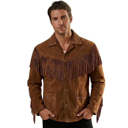 Front view of men tan suede fringe leather jacket in western ranch style