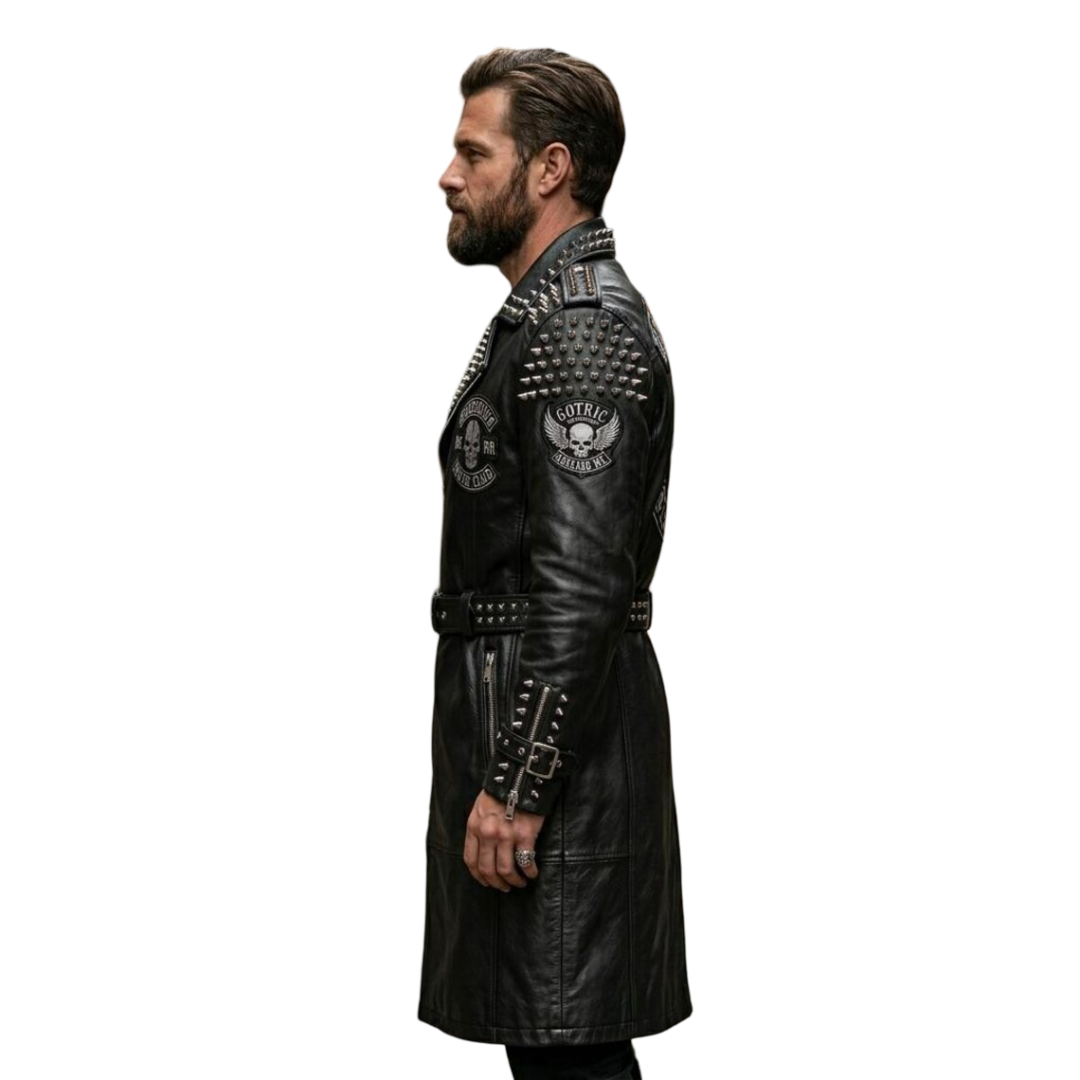 Side profile of men's black leather gothic trench coat