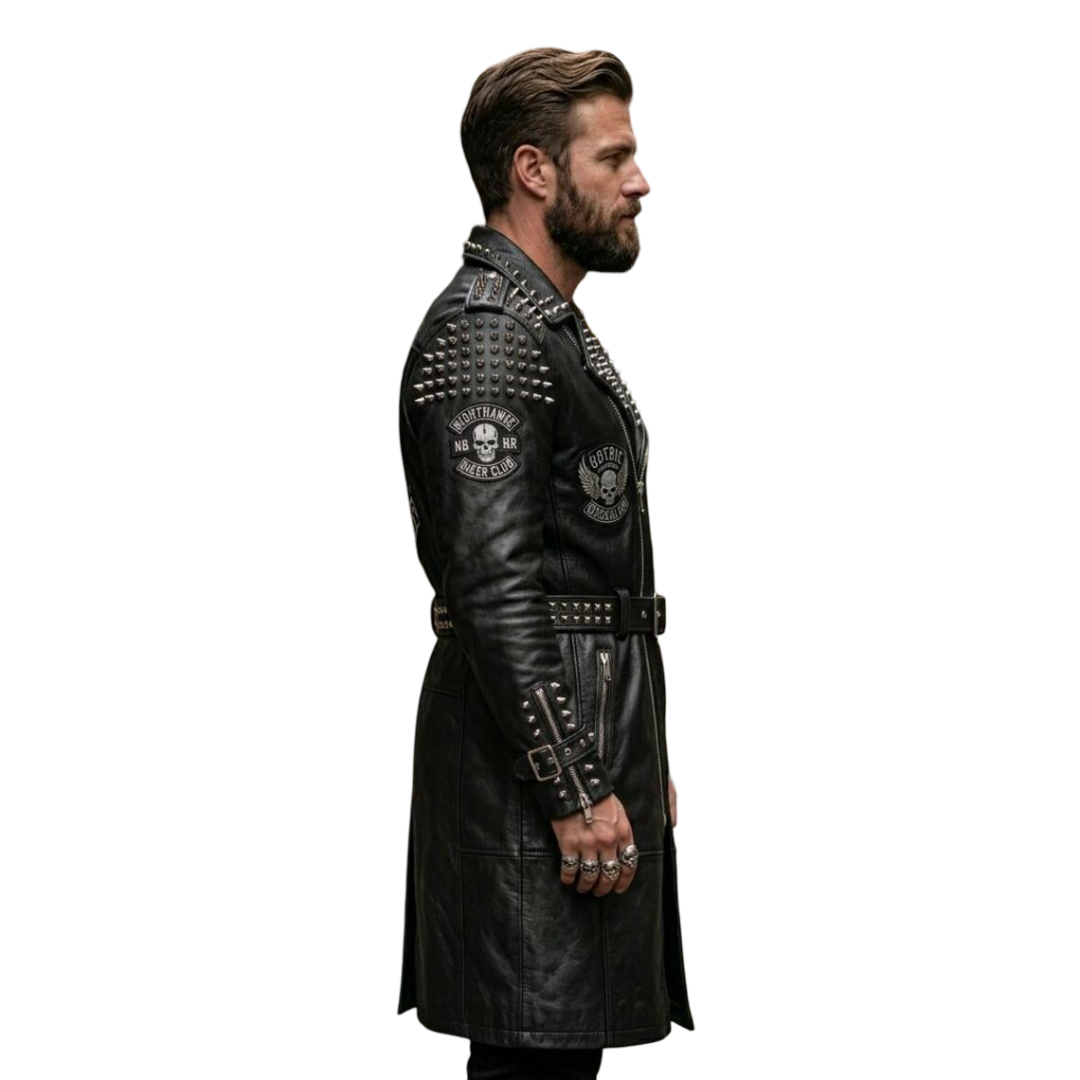 Side profile of men's black leather gothic trench coat