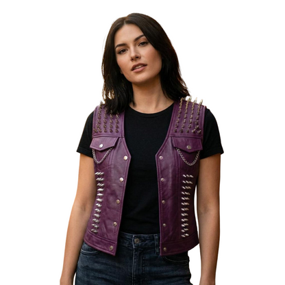 Front view of women purple studded leather vest with spike and chain detail