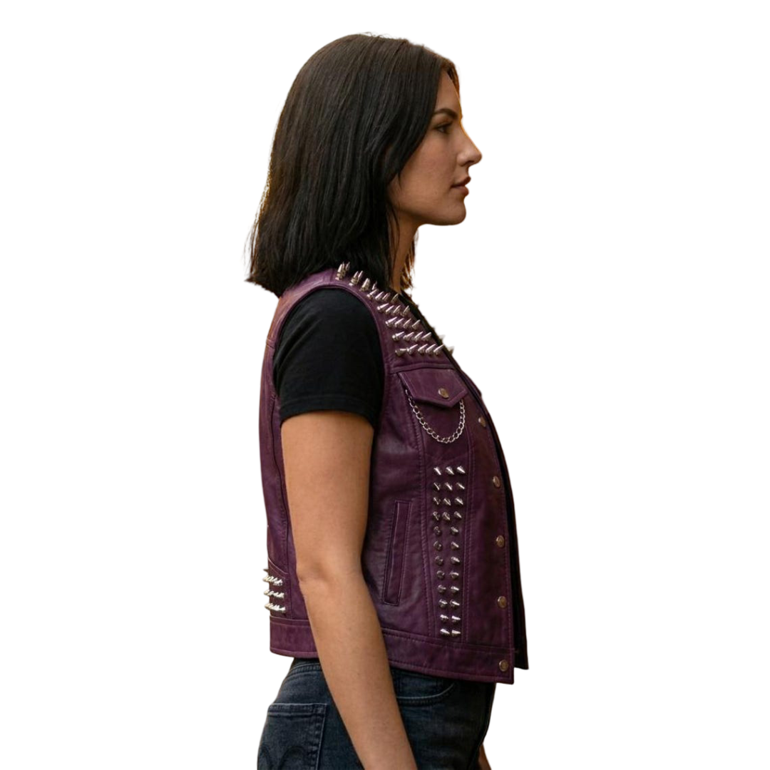 Side profile of purple punk biker leather vest with metal studs