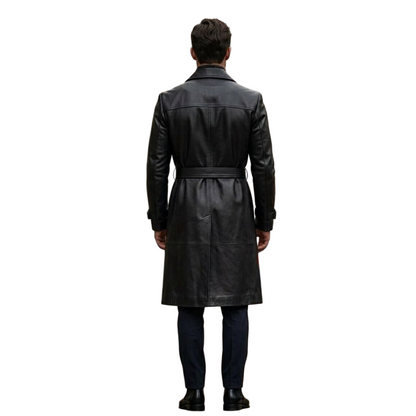 Back view of men black leather trench coat double breasted classic winter overcoat