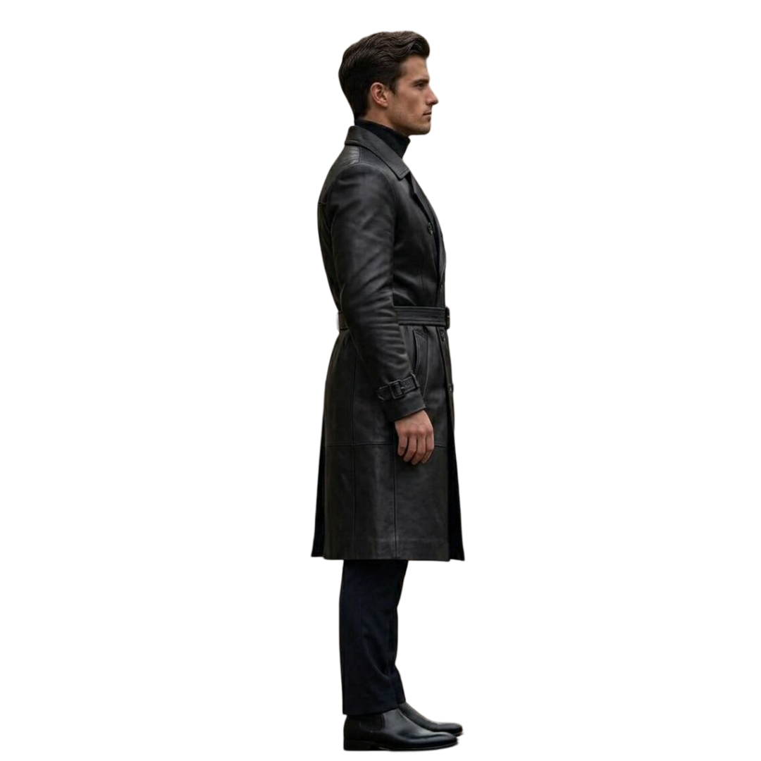 Structured shoulder design of men black leather trench coat